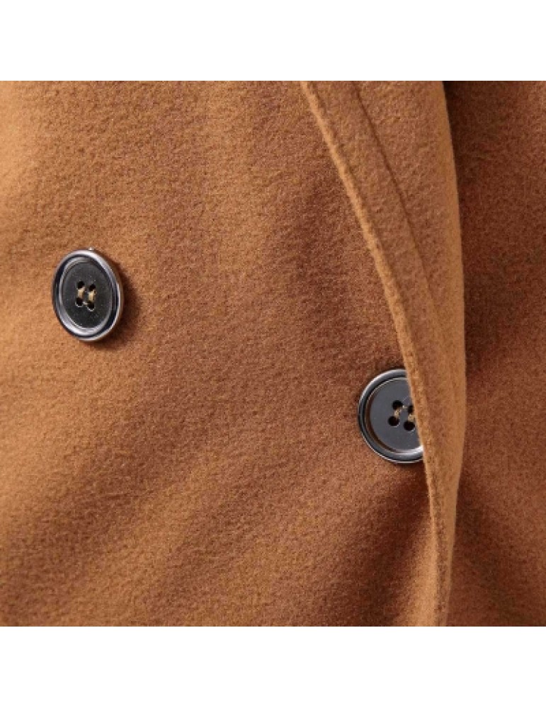 Turn-Down Neck Long Sleeve Double-Breasted Pocket Design Coat