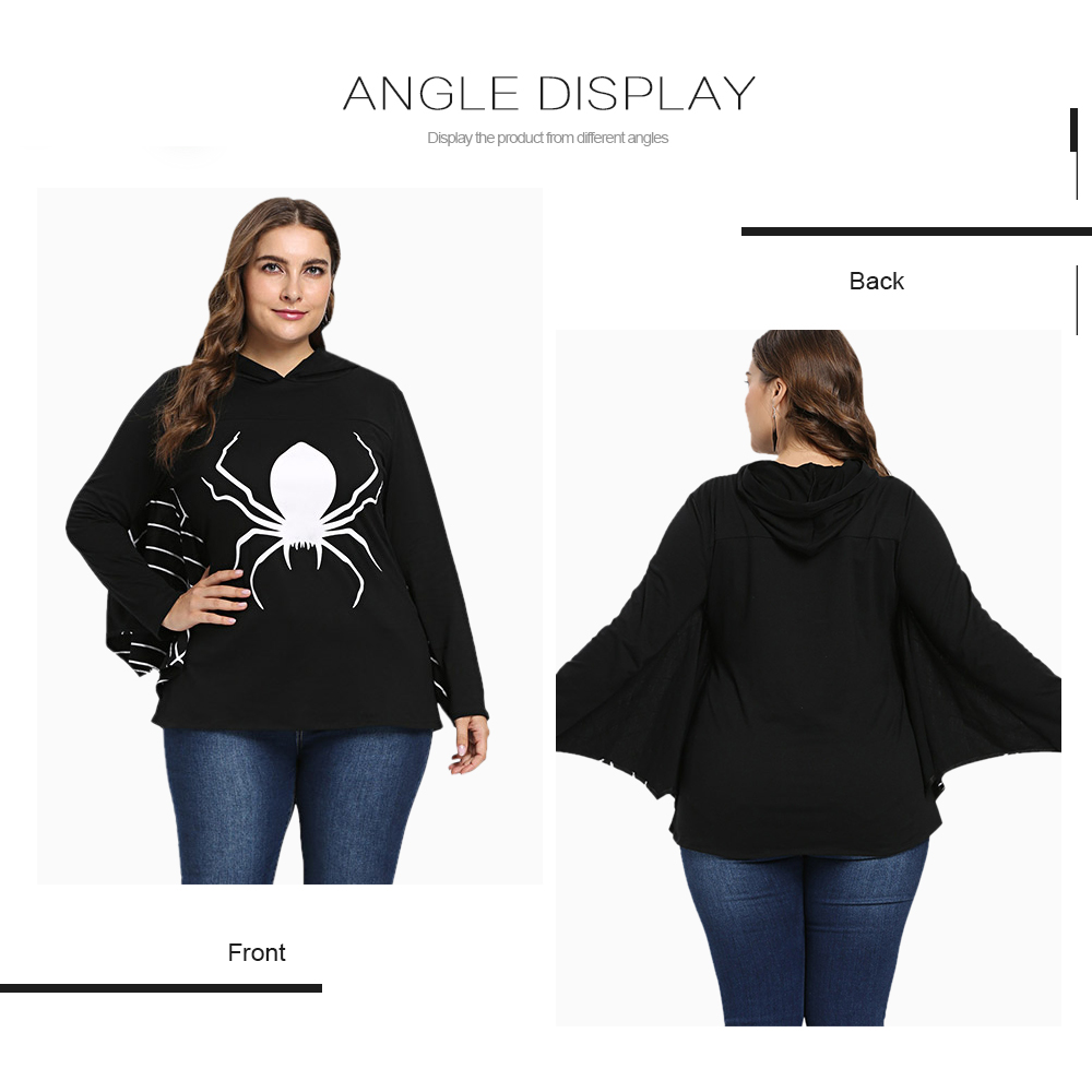 Plus Size Women Hoodie Halloween Spider Web Cosplay Costume Batwing Sleeve Top